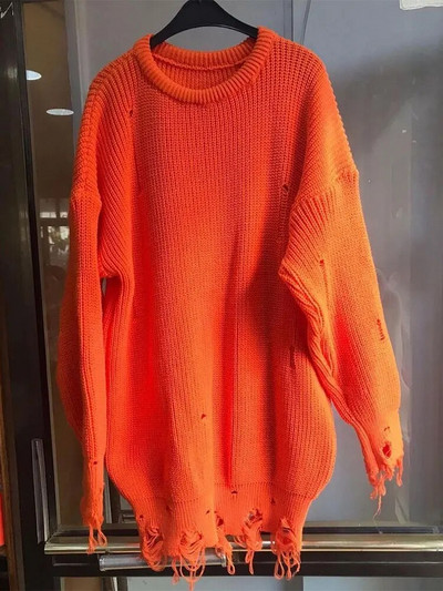 Γυναικεία μόδα με σκισμένο λαιμόκοψη με μακρυμάνικο πλεκτό πουλόβερ Γυναικεία casual loose πουλόβερ Top Office Lady Street Knitwear Πλεκτά πουλόβερ