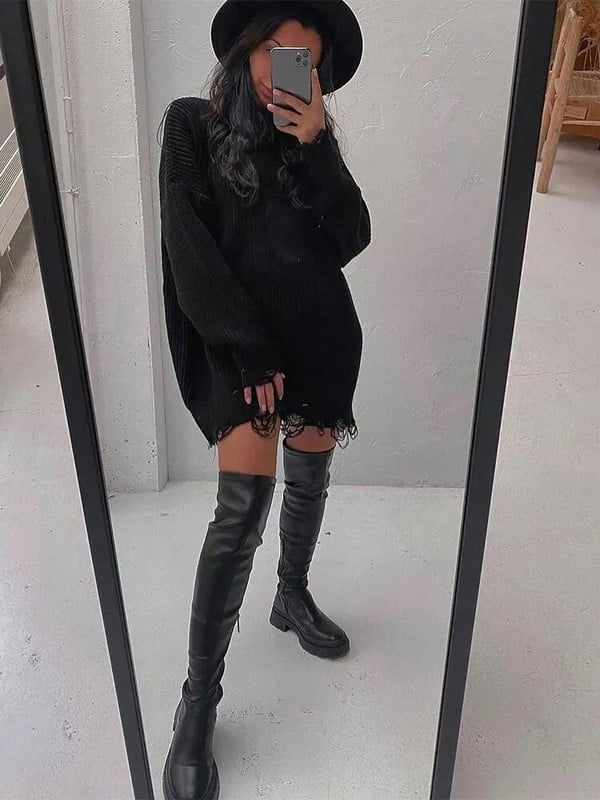 Γυναικεία μόδα με σκισμένο λαιμόκοψη με μακρυμάνικο πλεκτό πουλόβερ Γυναικεία casual loose πουλόβερ Top Office Lady Street Knitwear Πλεκτά πουλόβερ