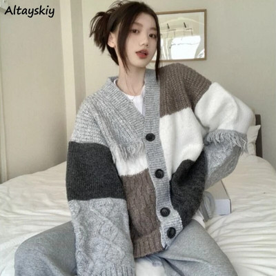Винтидж жилетка Дамски уютен панелен сладък ежедневен пуловер Ulzzang Chic Универсално връхно облекло Нежно V-образно деколте Mujer Комфорт Нова есен