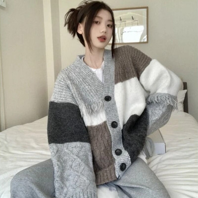 Sieviešu vintage jaciņa, mājīgs paneļu, salds ikdienas džemperis Ulzzang šiks, universāls apģērbs, maigs V veida kakla izgriezums Mujer Komforts Jauns rudens