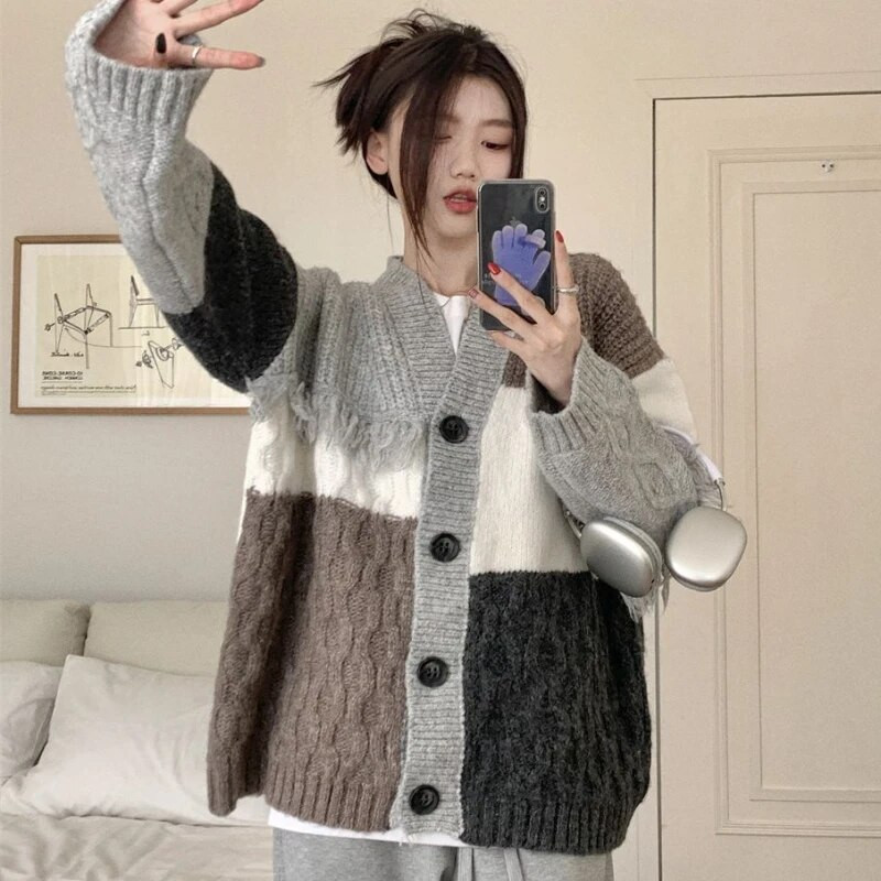 Sieviešu vintage jaciņa, mājīgs paneļu, salds ikdienas džemperis Ulzzang šiks, universāls apģērbs, maigs V veida kakla izgriezums Mujer Komforts Jauns rudens