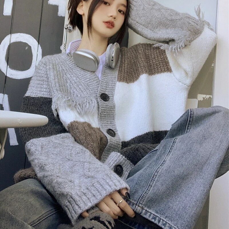 Sieviešu vintage jaciņa, mājīgs paneļu, salds ikdienas džemperis Ulzzang šiks, universāls apģērbs, maigs V veida kakla izgriezums Mujer Komforts Jauns rudens