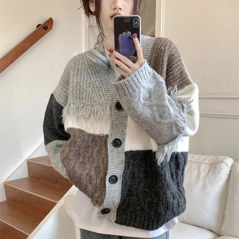 Sieviešu vintage jaciņa, mājīgs paneļu, salds ikdienas džemperis Ulzzang šiks, universāls apģērbs, maigs V veida kakla izgriezums Mujer Komforts Jauns rudens