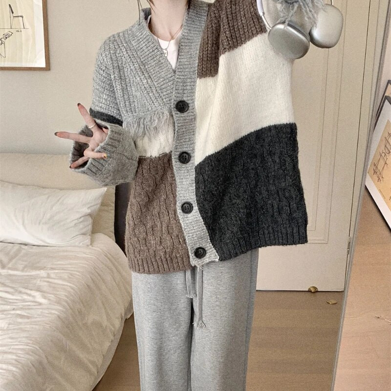 Sieviešu vintage jaciņa, mājīgs paneļu, salds ikdienas džemperis Ulzzang šiks, universāls apģērbs, maigs V veida kakla izgriezums Mujer Komforts Jauns rudens