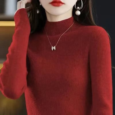 2023 m. moteriškas megztinis, rudens megztinis, ilgomis rankovėmis plonas elastingas korėjietiškas, paprastas, pigus megztinis, vientisas trikotažo viršus