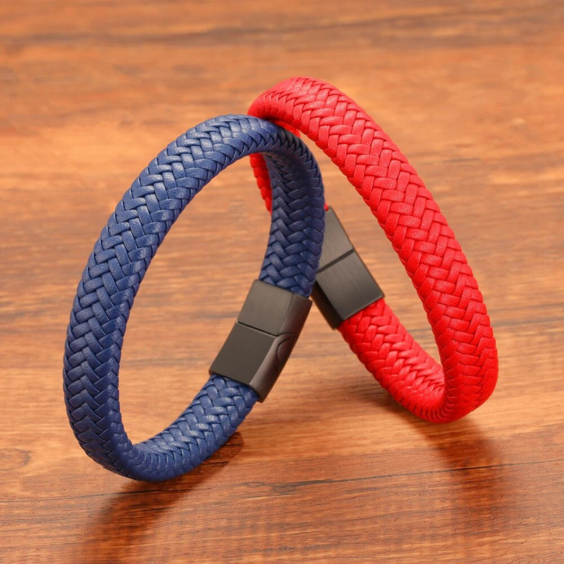 Retro pop pāris sarkani zila ādas rokassprādze vīriešiem un sievietēm ar rokām darināti austi modes aksesuāri