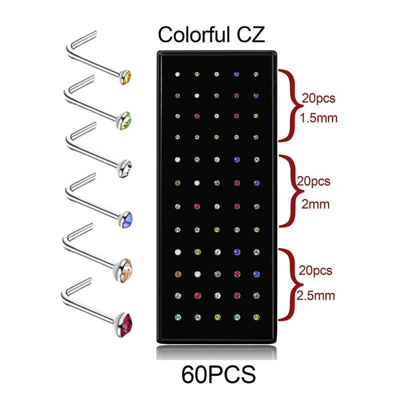 L formas nerūsējošā tērauda kristāla deguna gredzenu komplekts sievietēm ķirurģiska tērauda deguna pīrsinga komplekts auss kaula adata kniedes ķermeņa rotaslietas