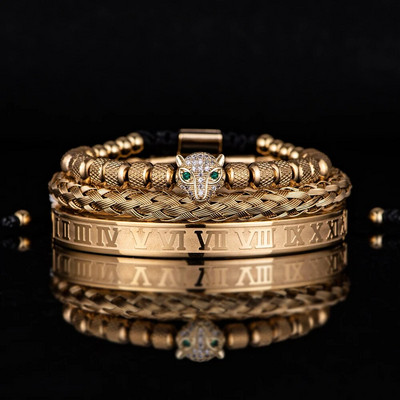 3 vnt./rinkinys Klasikinė rankų darbo pintinė apyrankė Hip Hop Vyriški Pave CZ Leopardo galvutė romėniškų skaitmenų apyrankė nerūdijančio plieno papuošalai