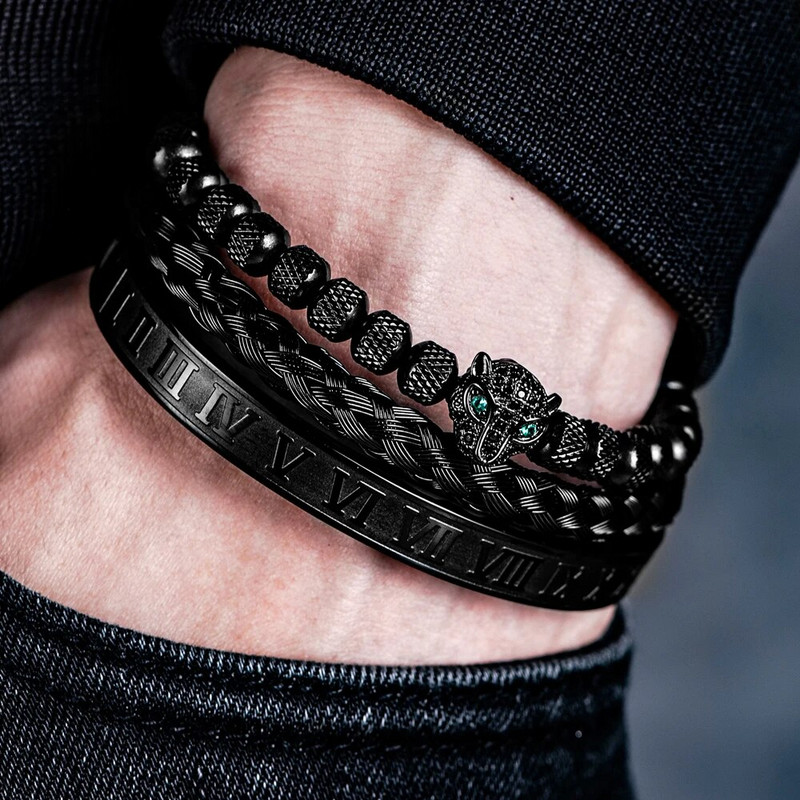 3 vnt./rinkinys Klasikinė rankų darbo pintinė apyrankė Hip Hop Vyriški Pave CZ Leopardo galvutė romėniškų skaitmenų apyrankė nerūdijančio plieno papuošalai