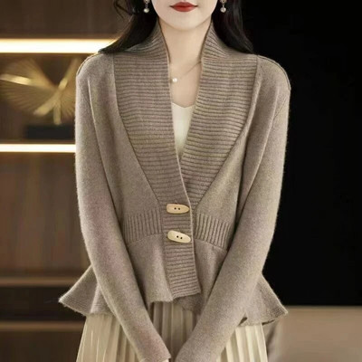 2023 Нова женска плетена жилетка Есен Зима Жилетка с дълъг ръкав V-образно деколте Дамски ежедневен топъл плетен пуловер Дамски