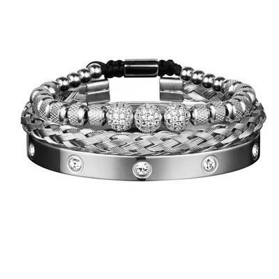 3 komada luksuznih Micro Pave CZ okruglih perli Royal Charm Muške narukvice Kristali od nehrđajućeg čelika Narukvice Ručno izrađeni nakit za par Poklon