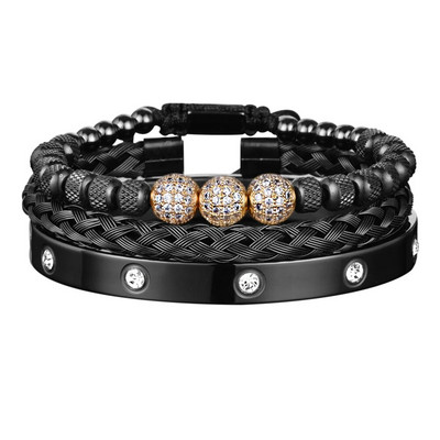 3 komada luksuznih Micro Pave CZ okruglih perli Royal Charm Muške narukvice Kristali od nehrđajućeg čelika Narukvice Ručno izrađeni nakit za par Poklon