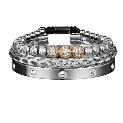 3 komada luksuznih Micro Pave CZ okruglih perli Royal Charm Muške narukvice Kristali od nehrđajućeg čelika Narukvice Ručno izrađeni nakit za par Poklon