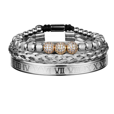 3 komada luksuznih Micro Pave CZ okruglih perli Royal Charm Muške narukvice Kristali od nehrđajućeg čelika Narukvice Ručno izrađeni nakit za par Poklon