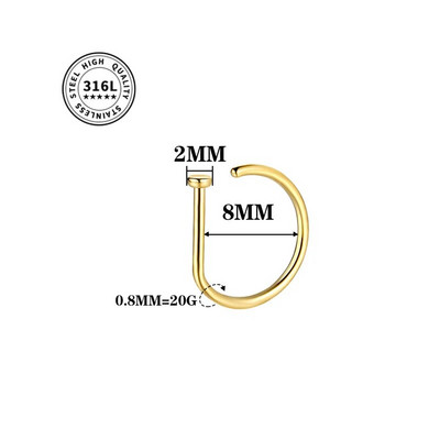 20G ninarõngas kruvirõngas hüpoallergeenne roostevabast terasest D-kujuline ninaklambriga augustamise ehted naistele meestele