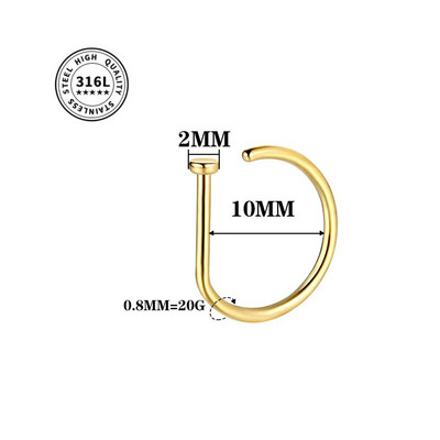 20G ninarõngas kruvirõngas hüpoallergeenne roostevabast terasest D-kujuline ninaklambriga augustamise ehted naistele meestele
