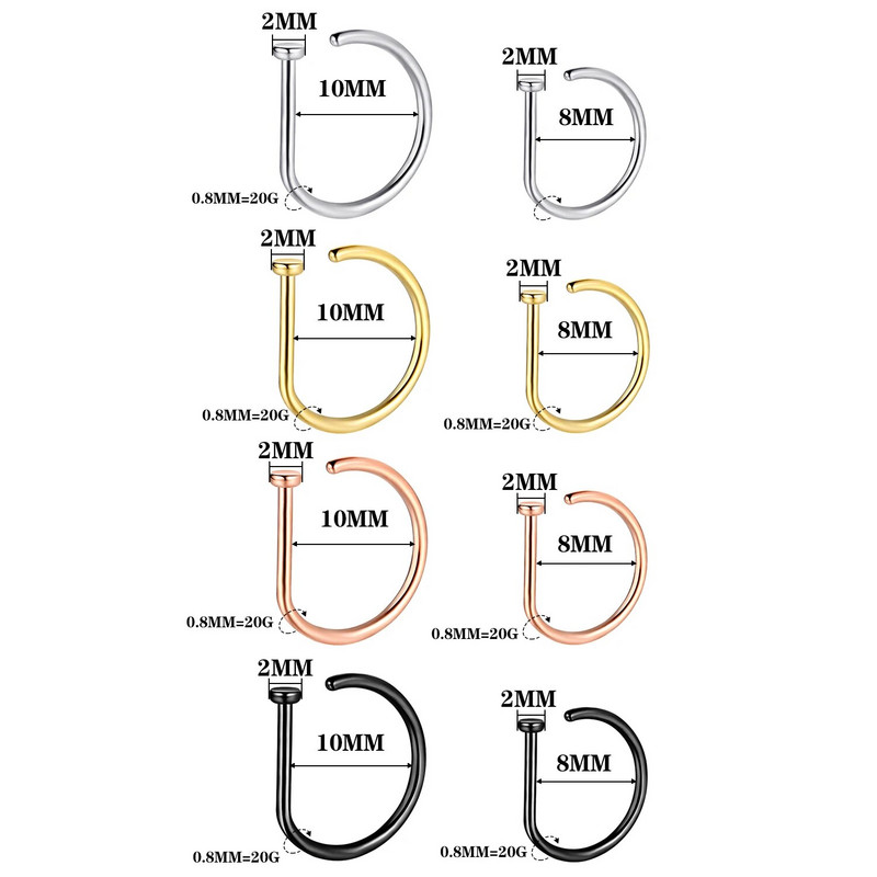 20G ninarõngas kruvirõngas hüpoallergeenne roostevabast terasest D-kujuline ninaklambriga augustamise ehted naistele meestele