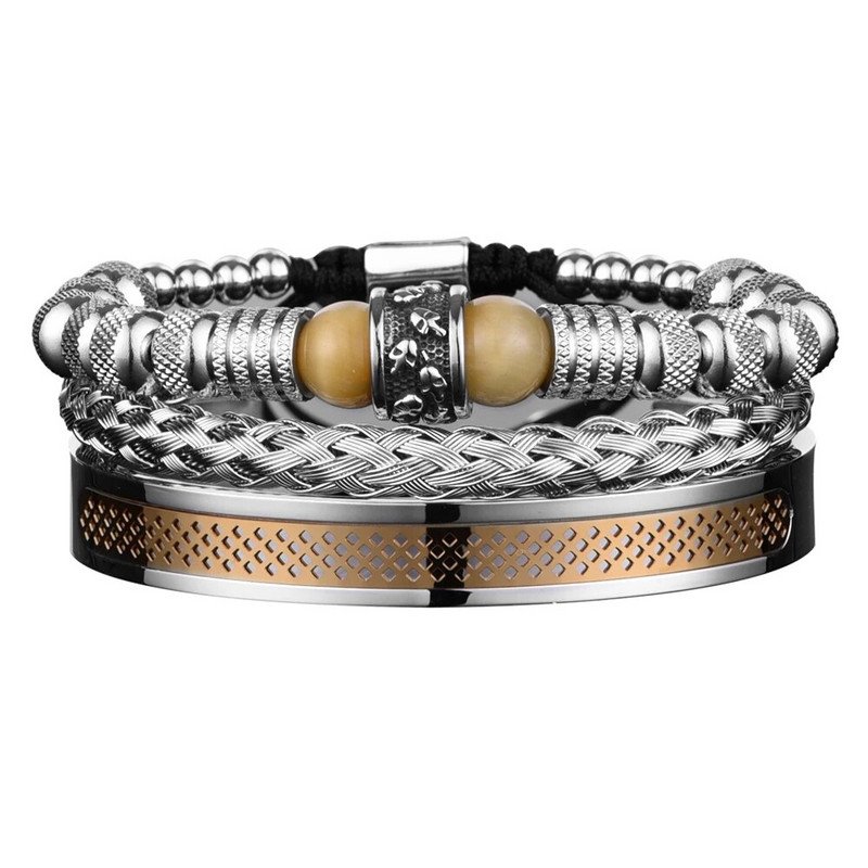 3gab komplekts vīriešu rokassprādzes no nerūsējošā tērauda rokām darinātas virves rokassprādzes vīriešu galvaskausa aproces ar Tigereye dabīgā akmens dāvanu aksesuāriem