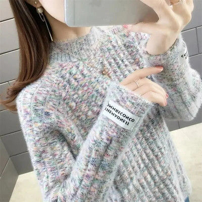 Adītas apakšas krekls, silts rudens ziemas džemperis 2023. gada jauns sieviešu pusapkaklis, savīti ziedi, džemperi, džemperi