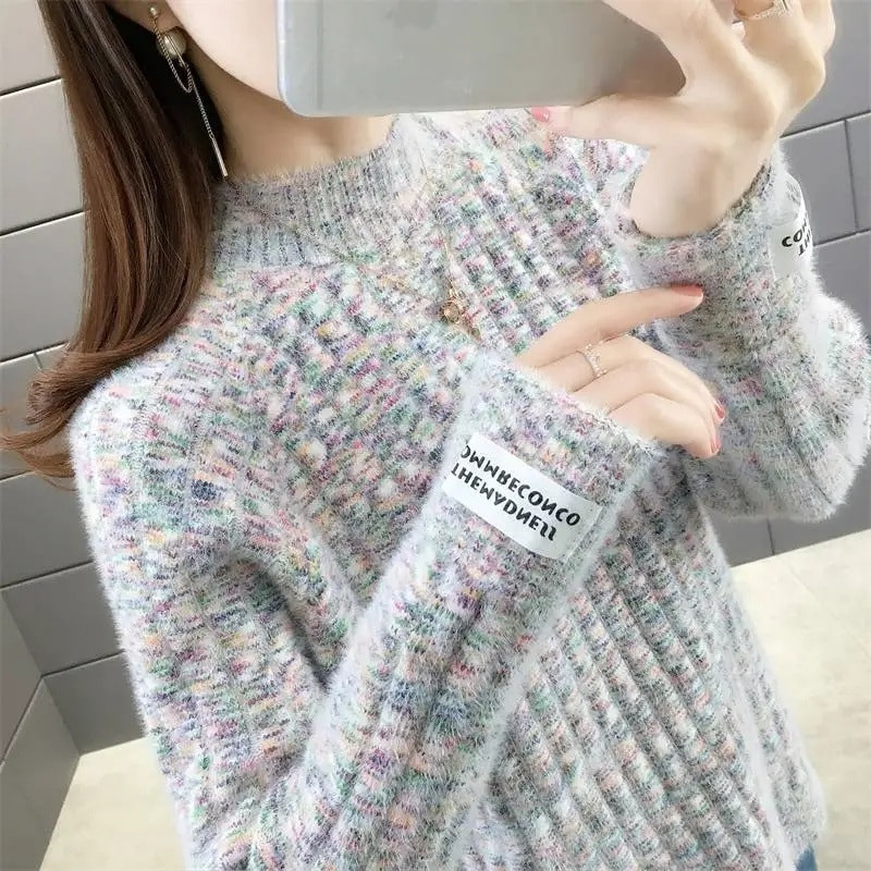 Adītas apakšas krekls, silts rudens ziemas džemperis 2023. gada jauns sieviešu pusapkaklis, savīti ziedi, džemperi, džemperi