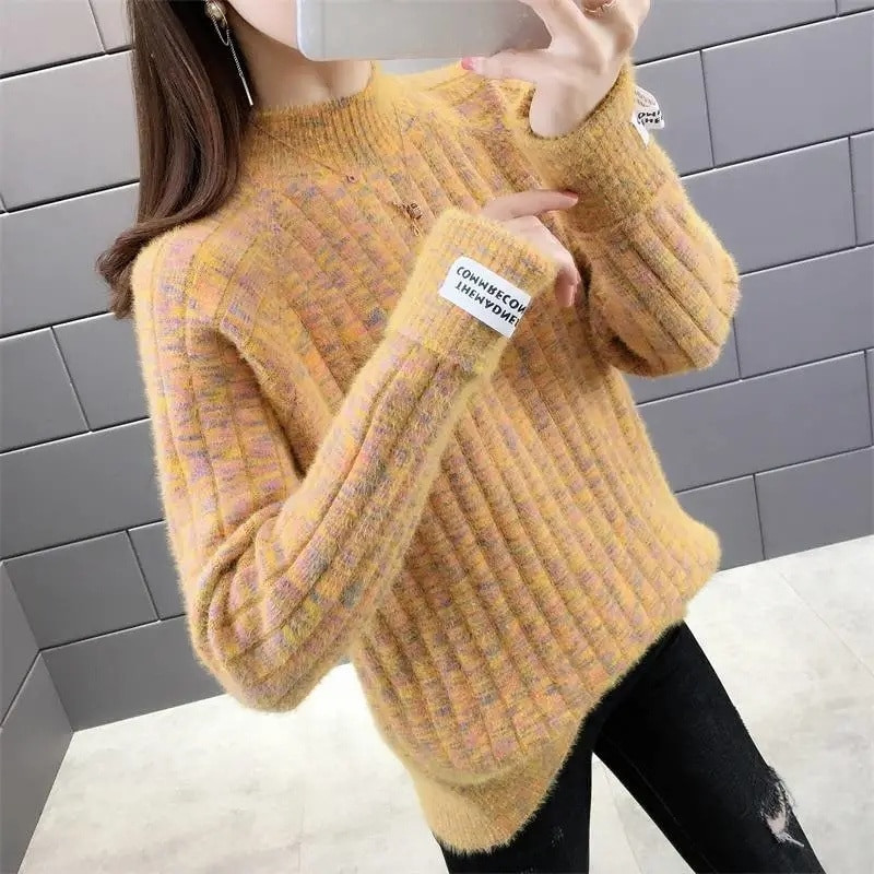 Adītas apakšas krekls, silts rudens ziemas džemperis 2023. gada jauns sieviešu pusapkaklis, savīti ziedi, džemperi, džemperi