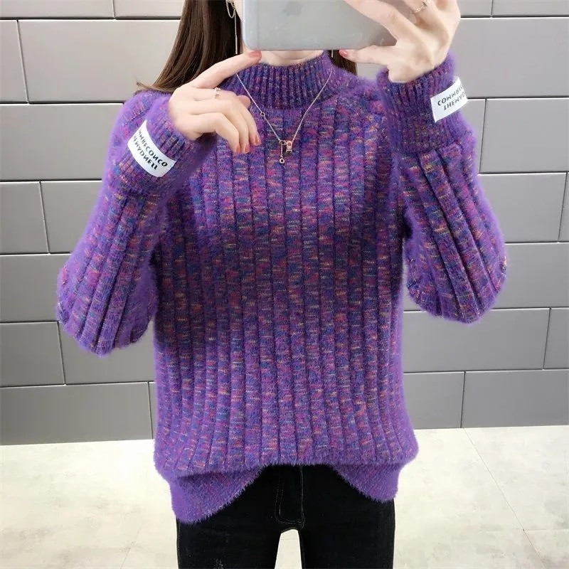 Adītas apakšas krekls, silts rudens ziemas džemperis 2023. gada jauns sieviešu pusapkaklis, savīti ziedi, džemperi, džemperi