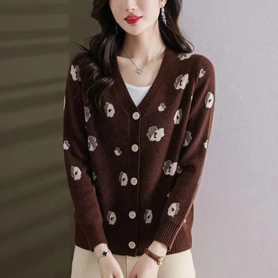 Jauns džemperis jaciņa jaka pavasara rudens sieviešu ikdienas korejiešu brīvs vienrindas trikotāžas džemperis mētelis sieviešu trikotāžas topi