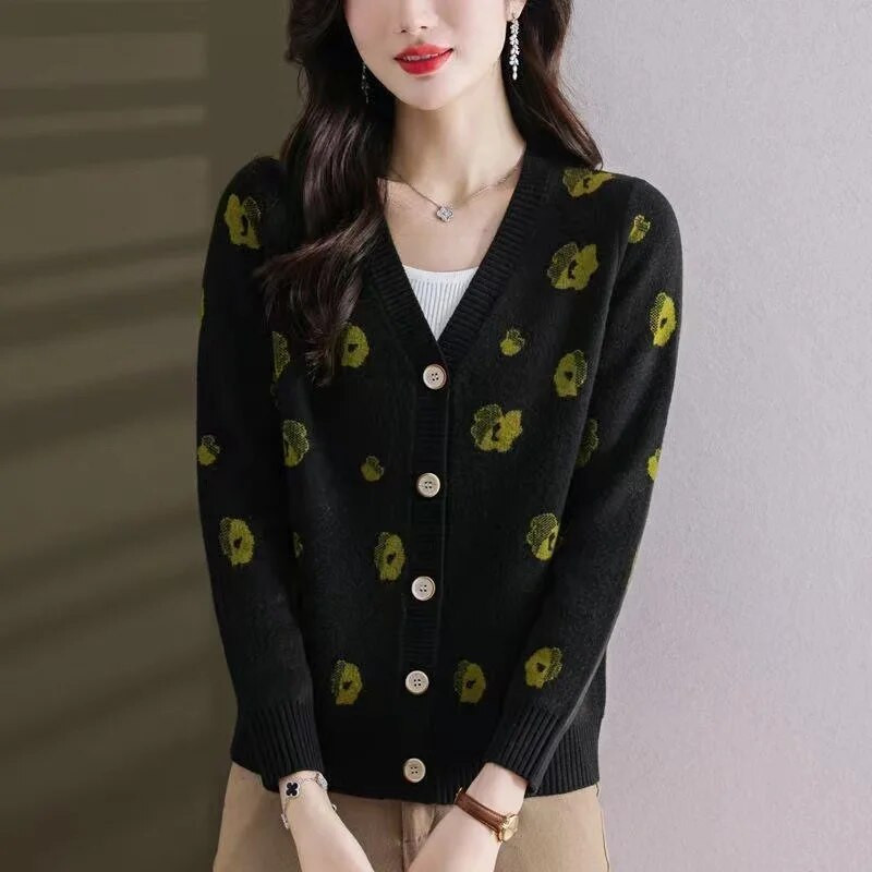 Jauns džemperis jaciņa jaka pavasara rudens sieviešu ikdienas korejiešu brīvs vienrindas trikotāžas džemperis mētelis sieviešu trikotāžas topi