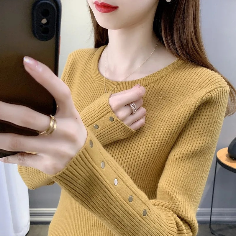 Μόδα γυναικεία πλεκτά πουλόβερ με μακρυμάνικο άνοιξη φθινόπωρο Νέα μασίφ λεπτή λαιμόκοψη Κορεατικά βασικά πουλόβερ με κάτω μέρος