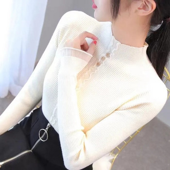 2023 Γυναικεία πλεκτά φθινοπωρινά λεπτά πουλόβερ Μασίφ πλεκτά γυναικεία βαμβακερά μαλακά ελαστικά πουλόβερ με κουμπί Ολόσωμο μανίκι ζιβάγκο