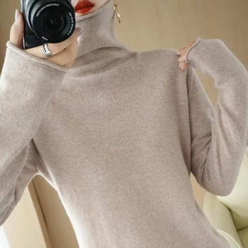 Есен Зима 2024 г. Нов пуловер от вълнена смес Дамски пуловер с висока яка Ежедневни плетени топове Кашмирен пуловер Женска долна риза