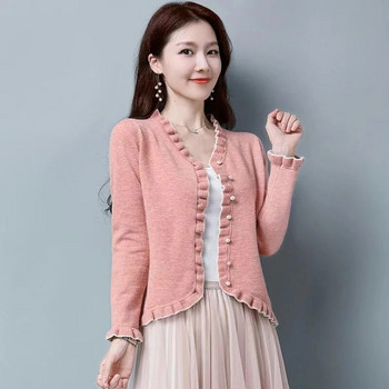 Φθινοπωρινό κορεατικό κοντό πουλόβερ ζακέτα 2023 Νέα γυναικεία φαρδιά με λαιμόκοψη V-λαιμόκοψη Casual άγρια πλεκτά μπλουζάκια Γυναικεία ρούχα