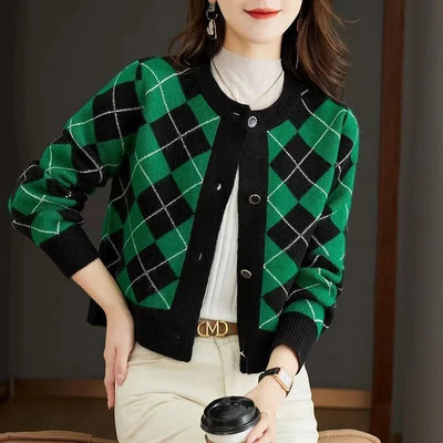 Pavasara kašmira džemperis 2024. gada jauns sieviešu džemperis ar O veida kakla izgriezumu garām piedurknēm, īsām trikotāžas mētelis, rūtains džemperis, jaka