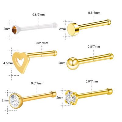 ZS 6PCS Modes deguna starpsienas pīrsinga kniedes komplekts 18G nerūsējošā tērauda deguna starpsienas kniedes ķermeņa pīrsinga rotaslietas deguna pīrsingam