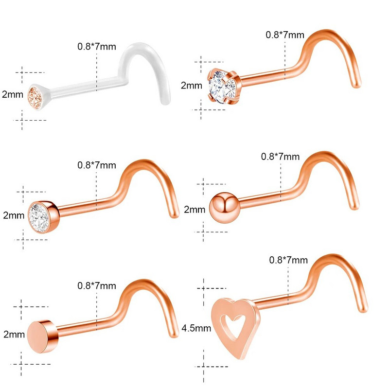 ZS 6PCS Modes deguna starpsienas pīrsinga kniedes komplekts 18G nerūsējošā tērauda deguna starpsienas kniedes ķermeņa pīrsinga rotaslietas deguna pīrsingam