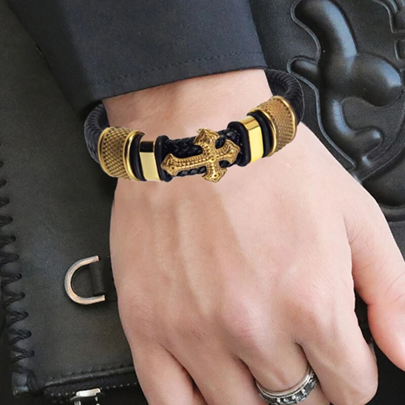 MingAo 2023 divatos vákuum bevonat arany egyrétegű kereszt bőr karkötő bájos karkötő férfi kézi ékszerek nőknek