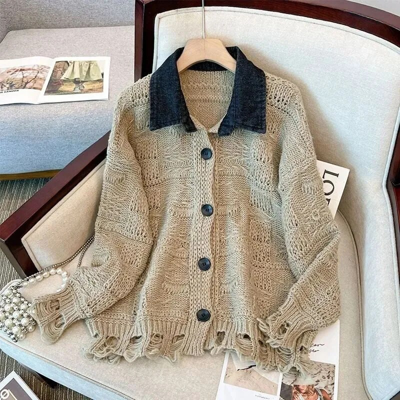 2023. gada jauns sieviešu apģērbs, pavasara rudens, trekns, MM, modes brīvs, plāns atloks ar garām piedurknēm, džemperis ar nošūtu džinsu sieviešu mēteļu topi