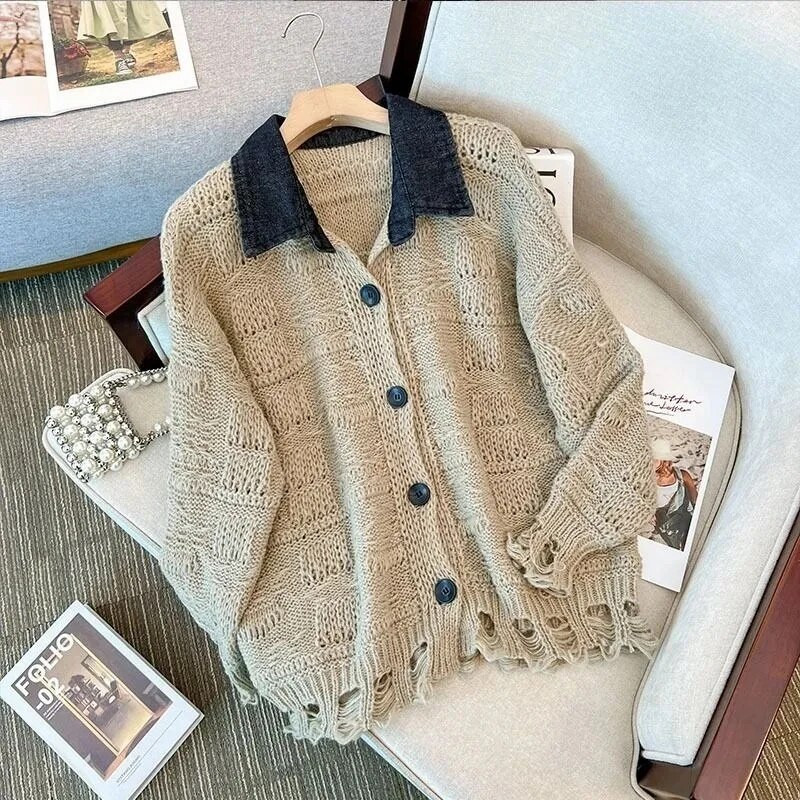 2023. gada jauns sieviešu apģērbs, pavasara rudens, trekns, MM, modes brīvs, plāns atloks ar garām piedurknēm, džemperis ar nošūtu džinsu sieviešu mēteļu topi