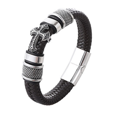 Vairumtirdzniecība Cross nerūsējošā tērauda vīriešu ādas rokassprādze Magnētiskā aizdare draugam Modes rotaslietas dāvanas Bezmaksas piegāde