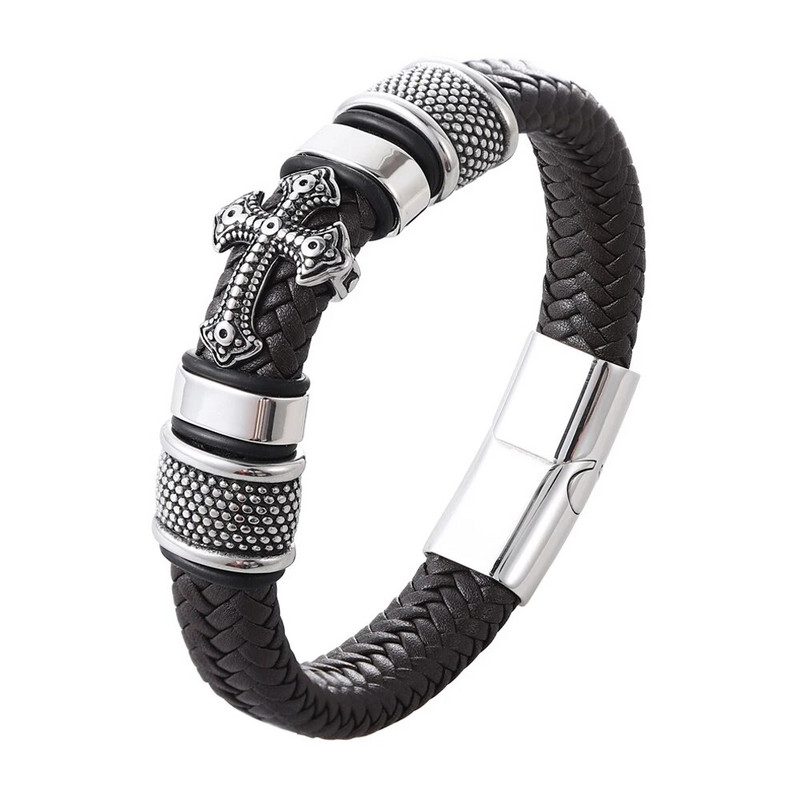 Vairumtirdzniecība Cross nerūsējošā tērauda vīriešu ādas rokassprādze Magnētiskā aizdare draugam Modes rotaslietas dāvanas Bezmaksas piegāde