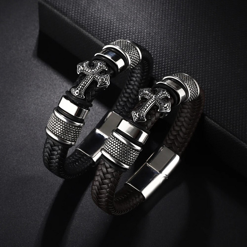 Vairumtirdzniecība Cross nerūsējošā tērauda vīriešu ādas rokassprādze Magnētiskā aizdare draugam Modes rotaslietas dāvanas Bezmaksas piegāde