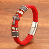 Punk stílusú divatékszerek, kézzel szőtt férfi titán acél kereszt valódi bőr piros karkötő mágneses csattal férfi karperec ajándék