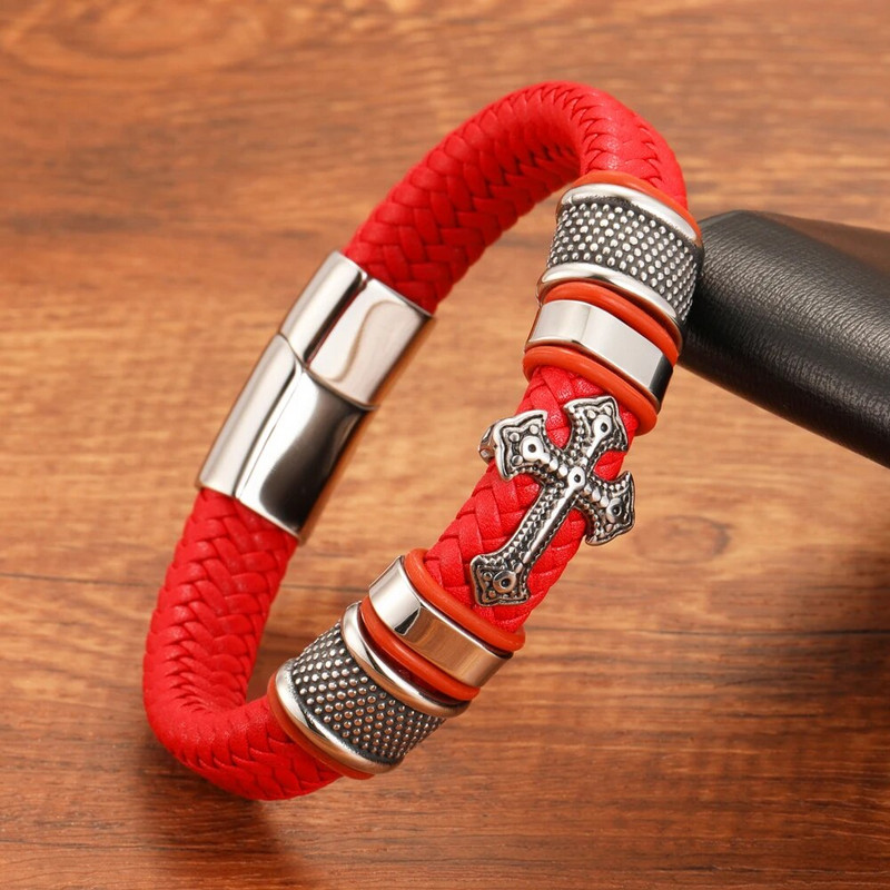 Punk stílusú divatékszerek, kézzel szőtt férfi titán acél kereszt valódi bőr piros karkötő mágneses csattal férfi karperec ajándék