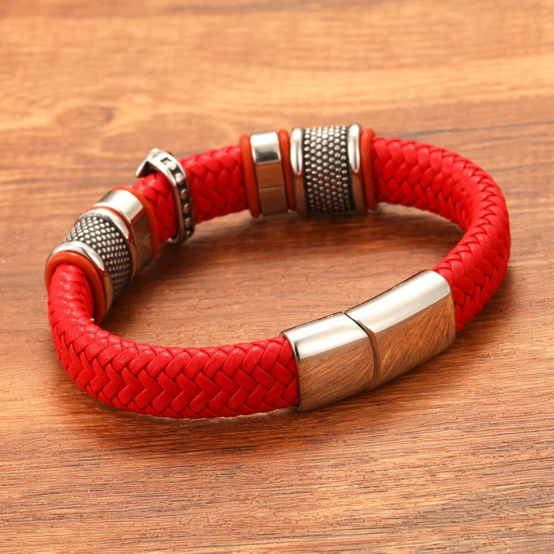 Punk stílusú divatékszerek, kézzel szőtt férfi titán acél kereszt valódi bőr piros karkötő mágneses csattal férfi karperec ajándék