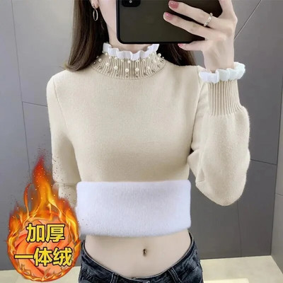 Sieviešu džemperis ar biezu samta apkakli ar korejiešu modes oderējumu, silts zamšādas trikotāžas džemperis, tievs augšējais ziemas džemperis trikotāžas džemperis