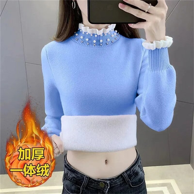 Sieviešu džemperis ar biezu samta apkakli ar korejiešu modes oderējumu, silts zamšādas trikotāžas džemperis, tievs augšējais ziemas džemperis trikotāžas džemperis