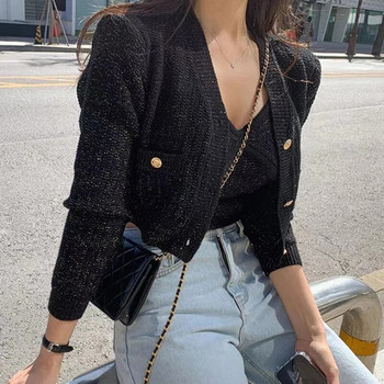Πλεκτά σετ 2 τεμαχίων Ρούχα με V λαιμόκαμισο μπλουζάκι + κομμένες μαύρες ζακέτες πλεκτό σακάκι Κορεάτικα γυναικεία πουλόβερ 2023 Slim