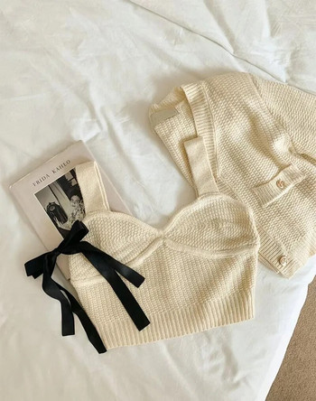 Плетени комплекти от 2 части Дрехи V-образно деколте Камзола + изрязани черни жилетки Плетено яке Корейски дамски пуловери 2023 Тънък