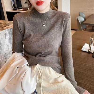 2023 m. pavasario rudens naujas megztinis moteriškas megztinis ilgomis rankovėmis vienspalvis laisvo temperamento laisvalaikio mezginys, 100 % grynos vilnos viršus