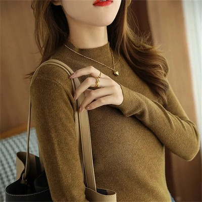 2023 m. pavasario rudens naujas megztinis moteriškas megztinis ilgomis rankovėmis vienspalvis laisvo temperamento laisvalaikio mezginys, 100 % grynos vilnos viršus